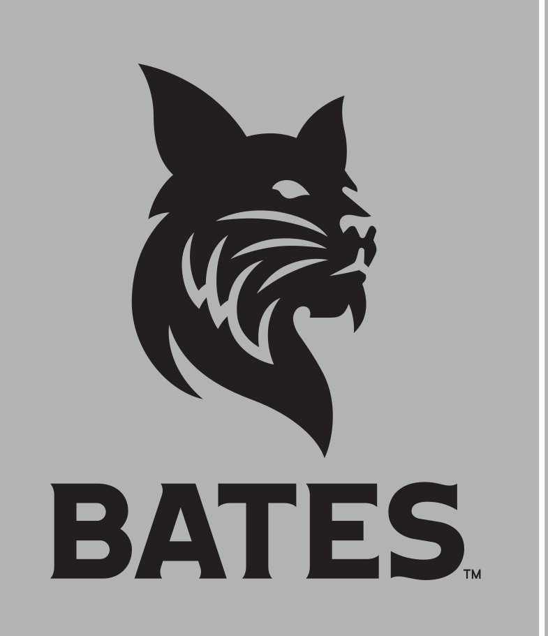 bobcat head with BATES wordmark, vertical lockup, black on silver variant, cell 17
