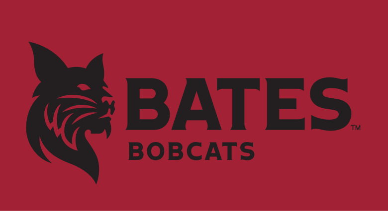 bobcat head with Bates Bobcats wordmark, horizontal black on maroon variant, cell 113