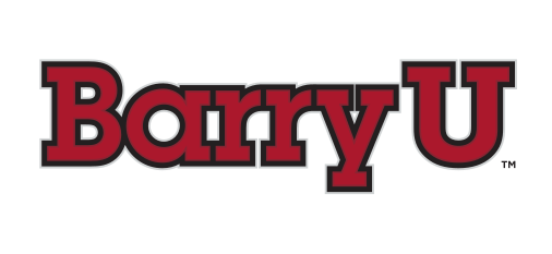 Barry U wordmark, red with black outline on gray variant, cell 9