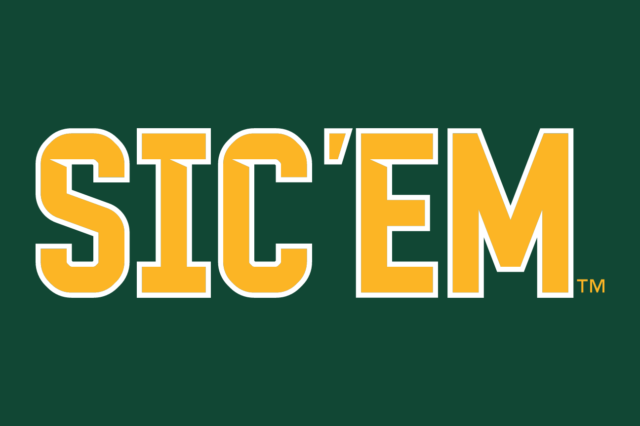 SIC'EM wordmark, two color green and gold on green variant, cell 30