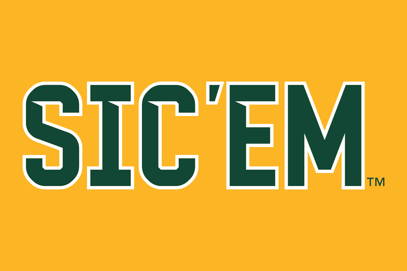 SIC'EM wordmark, two color green and gold on gold variant, cell 31