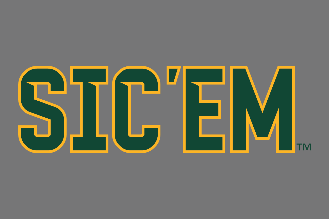 SIC'EM wordmark, two color green and gold on grey variant, cell 32