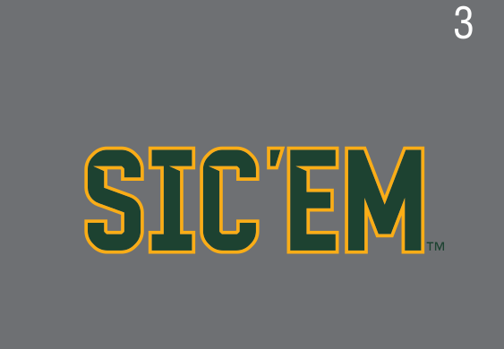 SIC'EM wordmark, two color green and gold on grey variant, cell 32