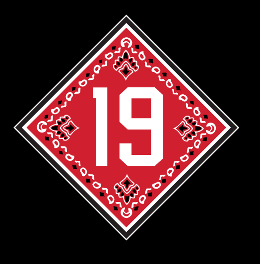 19 diamond red bandanna patch, black background variant, cell 109