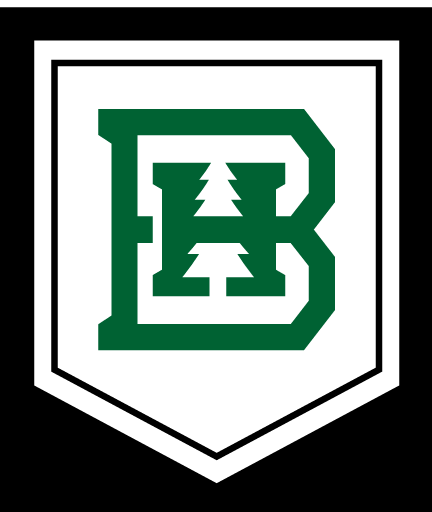 BHSU banner, black background, white shield, green B variant