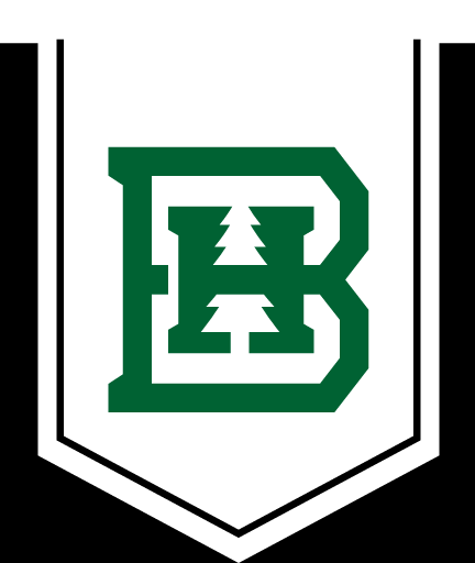 BHSU banner, white background, black shield, green B variant