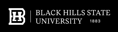 Black Hills State University horizontal logo, white on black variant