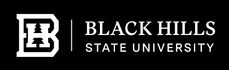 Black Hills State University horizontal logo, white on black variant