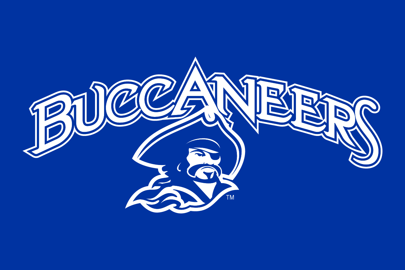 Buccaneers wordmark with mascot, blue/white on navy variant, cell 10