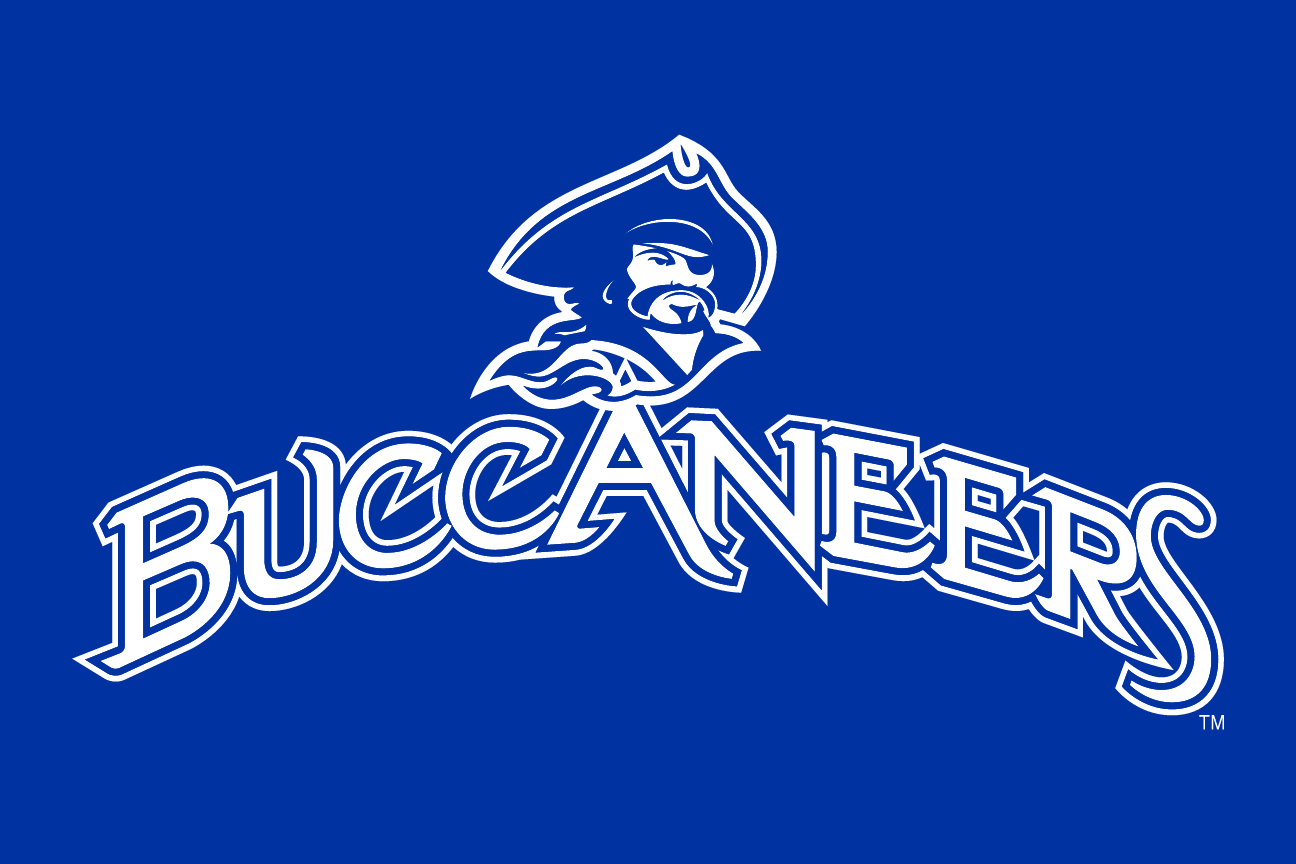 Buccaneers wordmark with mascot, blue/white on navy variant, cell 16