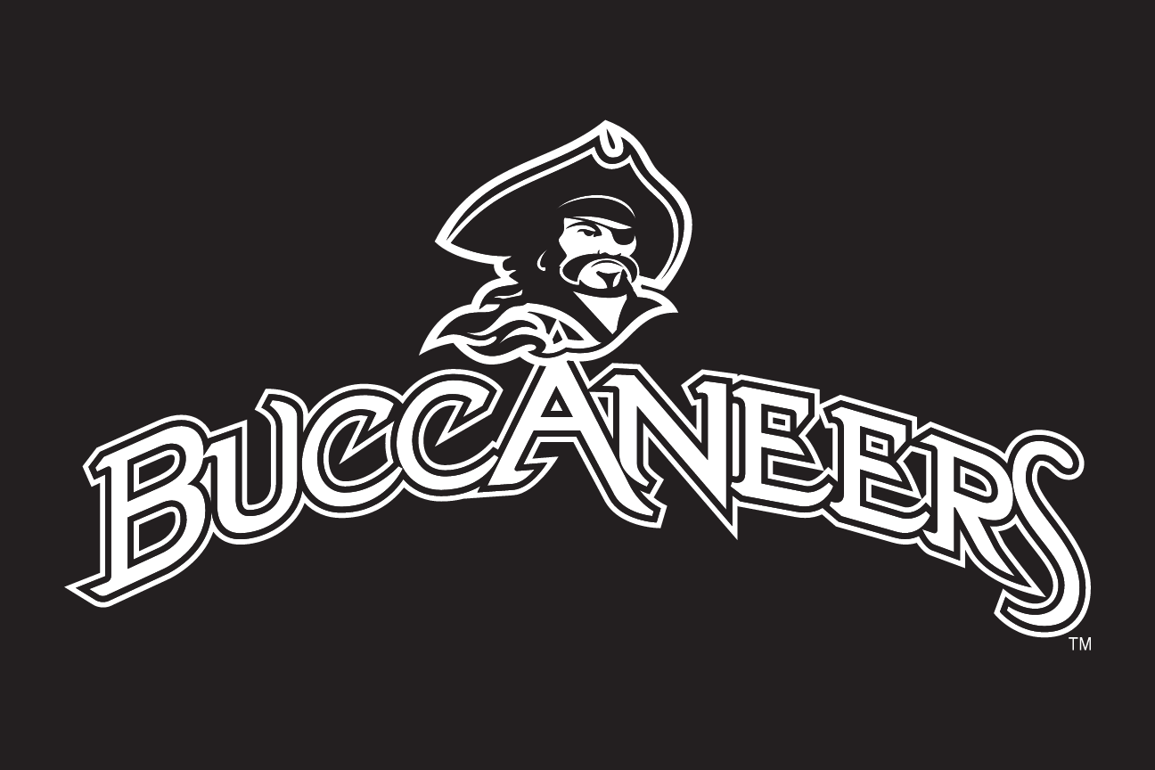 Buccaneers wordmark with mascot, white on black variant, cell 18