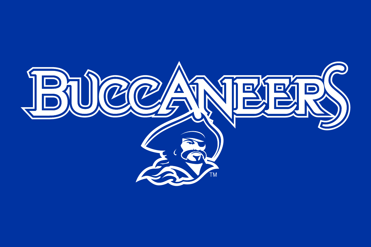 Buccaneers wordmark with mascot, blue/white on navy variant, cell 22