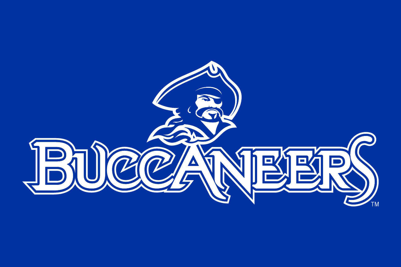 Buccaneers wordmark with mascot, blue/white on navy variant, cell 28