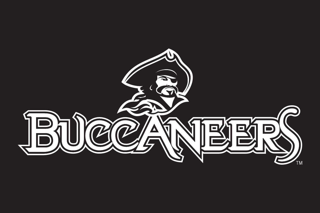Buccaneers wordmark with mascot, white on black variant, cell 30