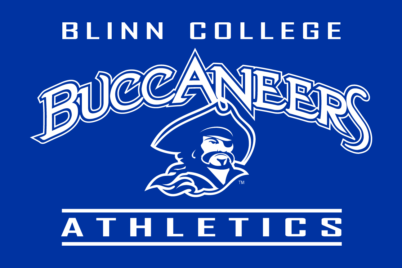 Blinn College Buccaneers Athletics, white wordmark with mascot head on blue variant, cell 124