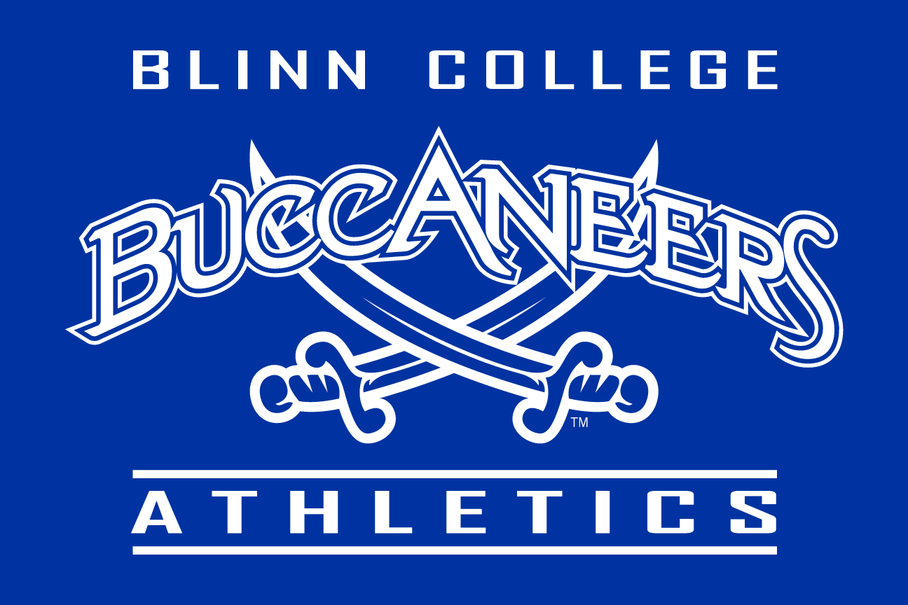 Blinn College Buccaneers Athletics, white wordmark with crossed swords on blue variant, cell 128