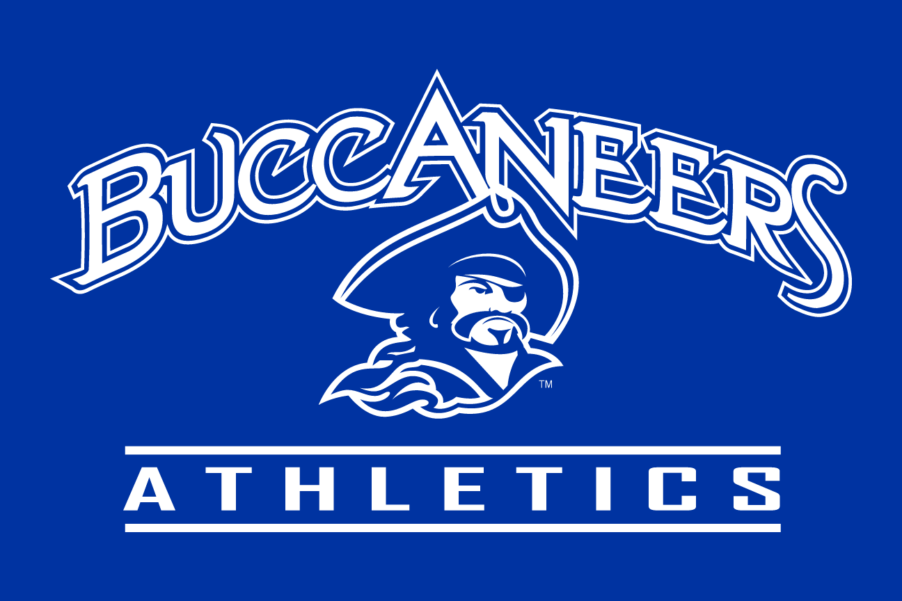 Buccaneers Athletics, white wordmark with mascot head on blue variant, cell 145