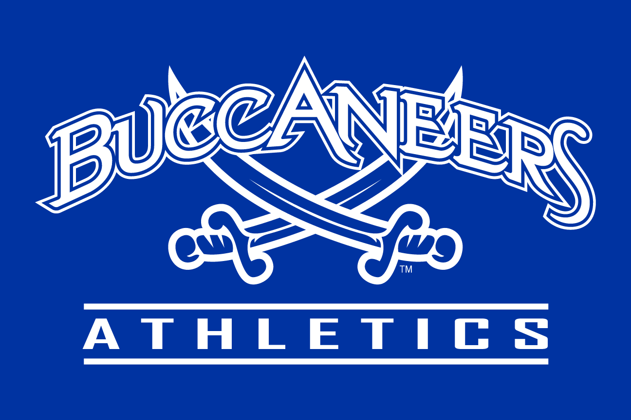 Buccaneers Athletics, white wordmark with crossed swords on blue variant, cell 148