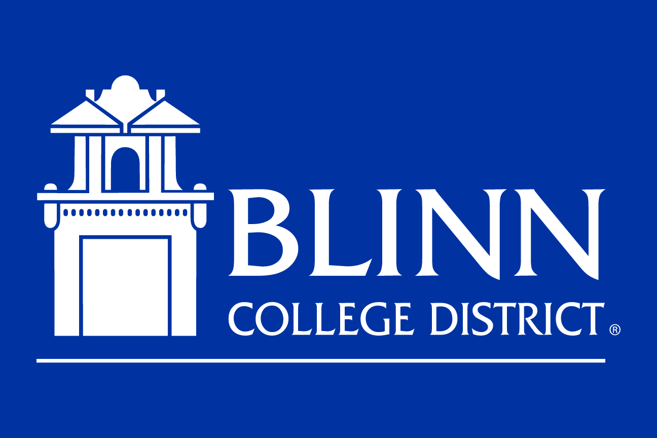 Blinn College District logo, horizontal white on blue variant, cell 158
