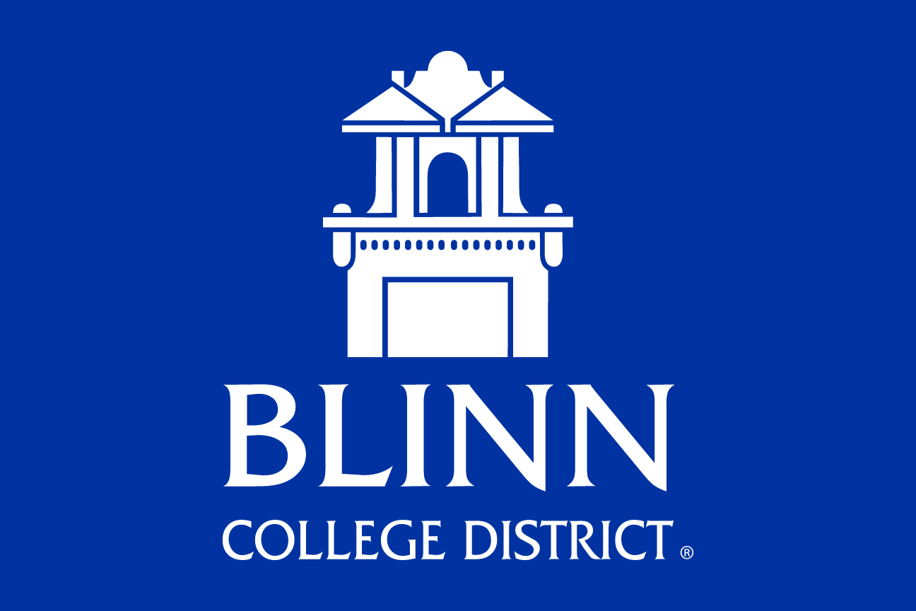 Blinn College District logo, vertical white on blue variant, cell 159