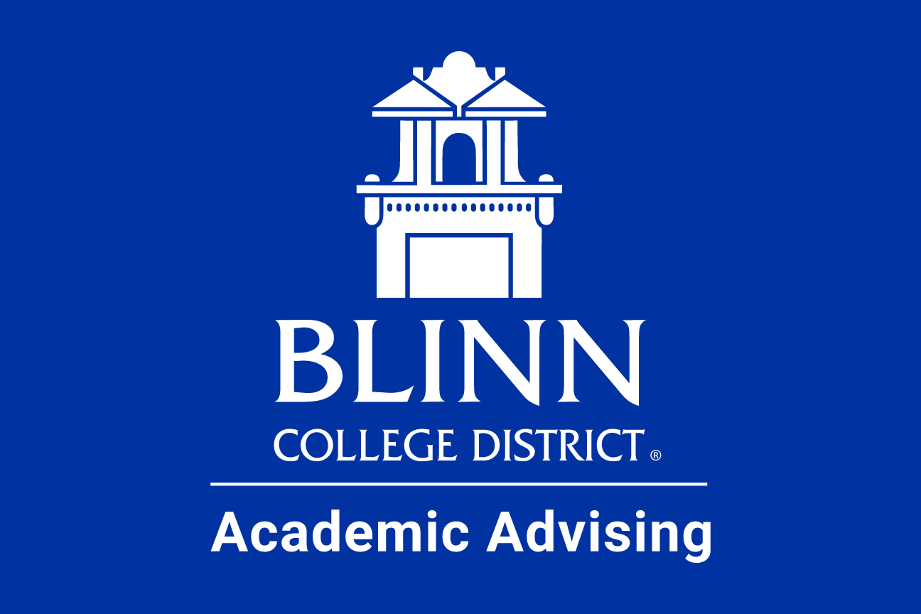Blinn College District Academic Advising logo, stacked, white on blue variant, cell 174