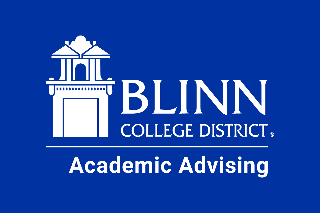 Blinn College District Academic Advising logo, horizontal, white on blue variant, cell 178
