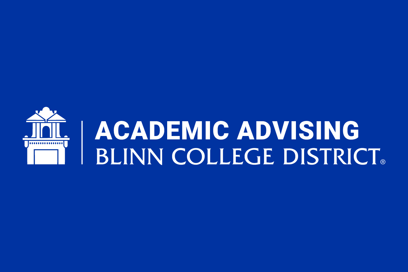 Blinn College District Academic Advising wordmark, white on blue variant, cell 182