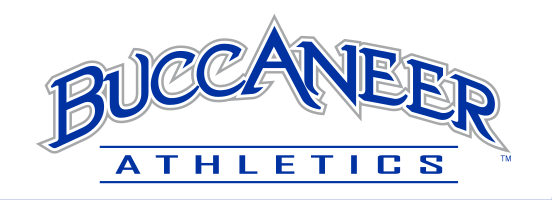 Buccaneer Athletics, blue wordmark with mascot head variant, cell 110