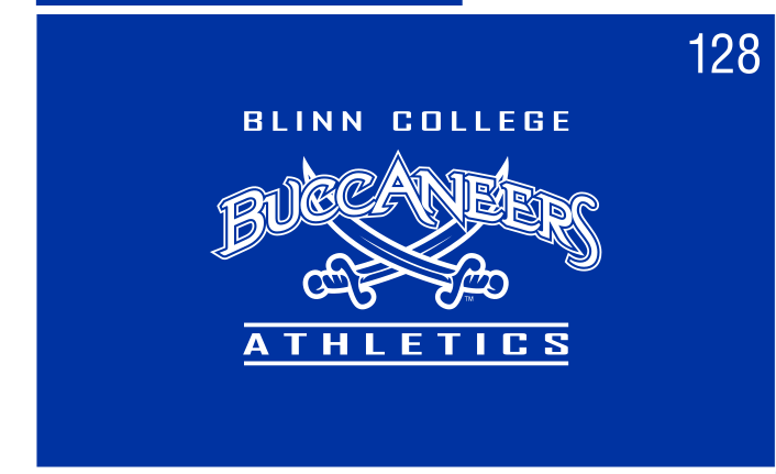 Blinn College Buccaneers Athletics, white wordmark with crossed swords on blue variant, cell 128