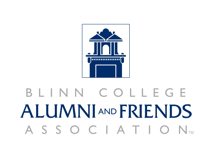 Blinn College Alumni and Friends Association logo, stacked blue/grey variant, cell 167