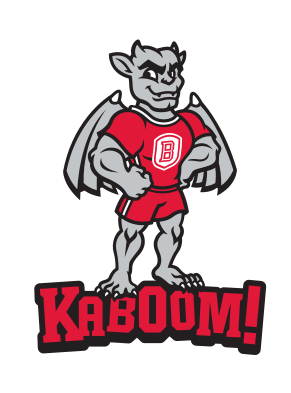 Kaboom! mascot mark, full body with wordmark, color on white variant, cell 15