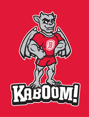 Kaboom! mascot mark, full body with wordmark, color on red variant, cell 16
