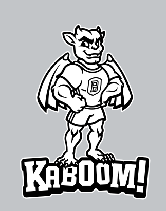 Kaboom! mascot mark, full body with wordmark, black outline on white variant, cell 22