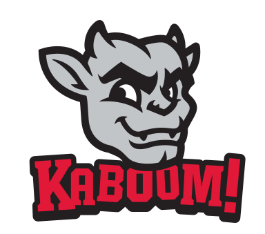 Kaboom! mascot mark, head with wordmark, color on grey variant, cell 29