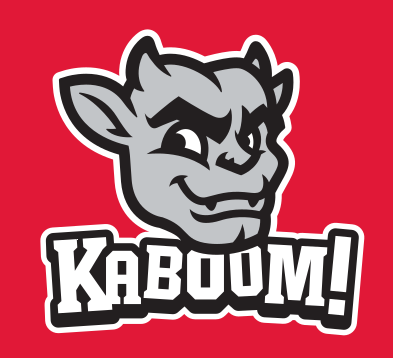 Kaboom! mascot mark, head with wordmark, color on red variant, cell 30