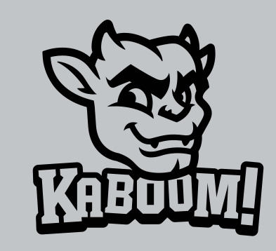 Kaboom! mascot mark, head with wordmark, black outline on grey variant, cell 33