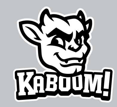 Kaboom! mascot mark, head with wordmark, black outline on white variant, cell 34