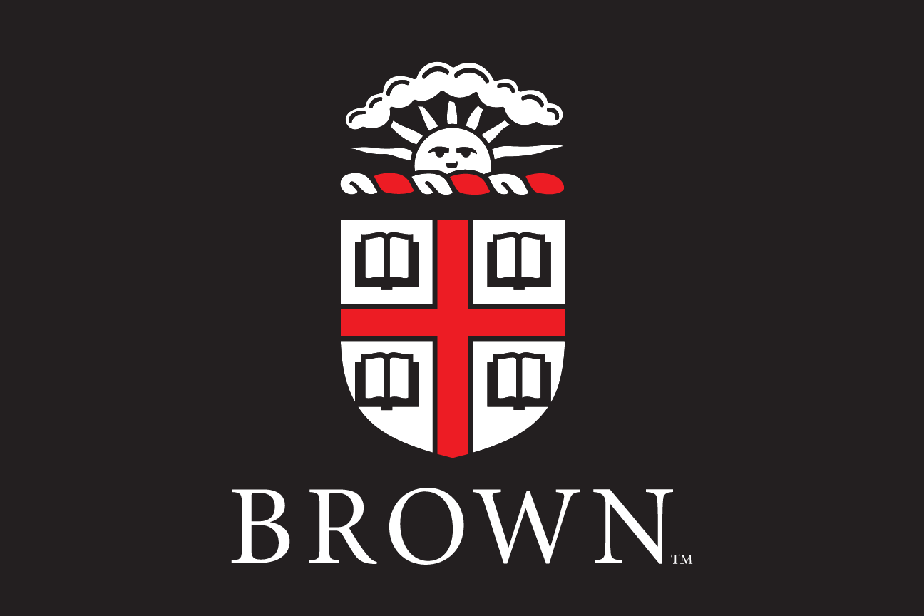 Brown University logo, vertical, red and white, reverse variant, cell 41