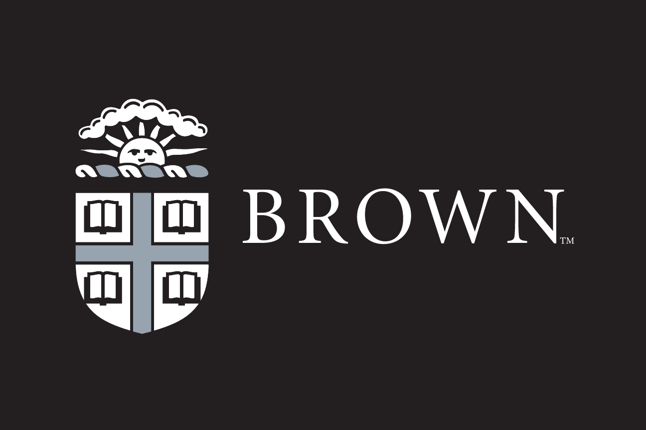 Brown University logo, horizontal, gray and white, reverse variant, cell 50