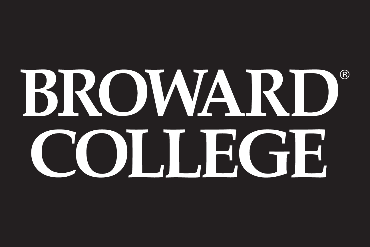 BROWARD COLLEGE stacked wordmark, white on dark variant, cell 6