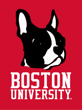 Large Terrier head with Boston University wordmark, white/black on red variant, cell 403