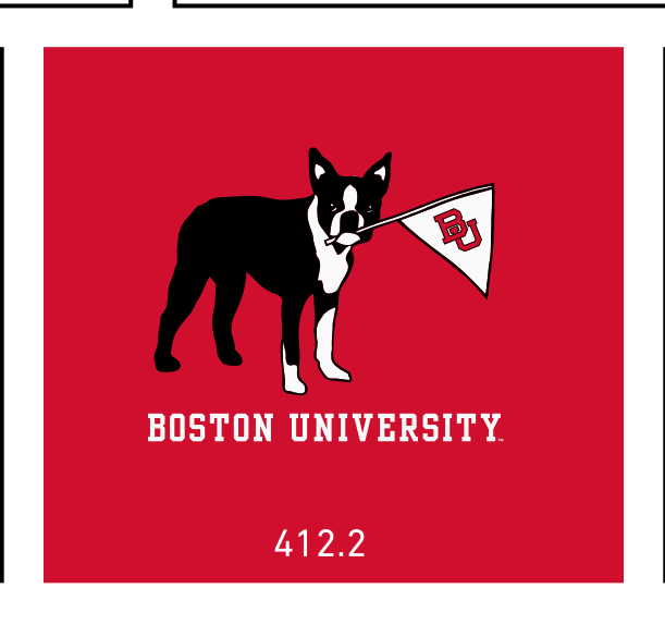 Rhett mascot with BU flag, black/white/red on red variant, cell 412