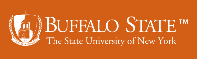 Buffalo State University logo, one color white on orange background variant, cell 6