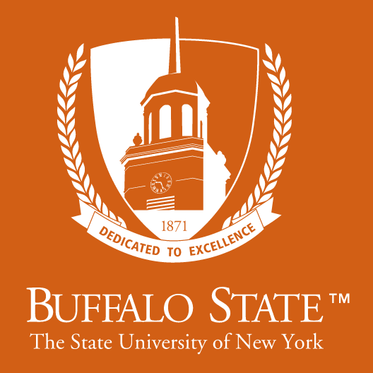 Buffalo State University seal, one color white on orange background variant, cell 13