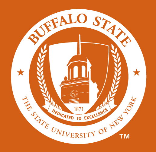 Buffalo State University circular seal, one color white on orange background variant, cell 20