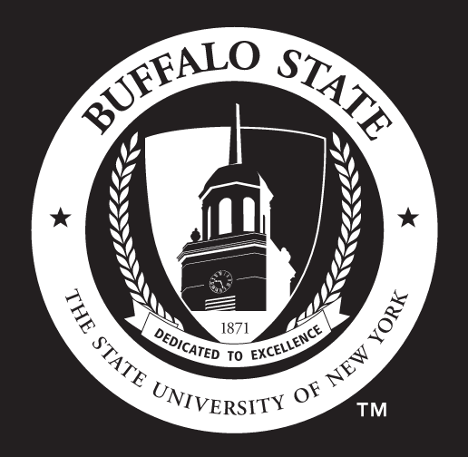 Buffalo State University circular seal, one color white on dark background variant, cell 21