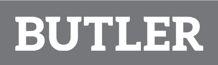 BUTLER wordmark, white on dark gray variant