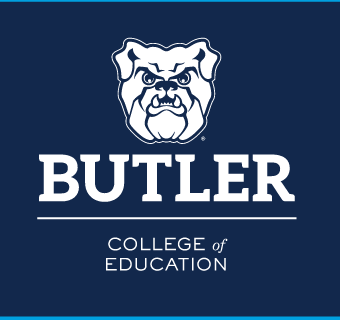 Butler Bulldog head over BUTLER COLLEGE of EDUCATION, white/black variant, cell 68