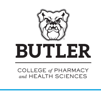 Butler Bulldog head over BUTLER COLLEGE of PHARMACY and HEALTH SCIENCES, black/white variant, cell 87