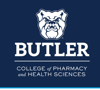 Butler Bulldog head over BUTLER COLLEGE of PHARMACY and HEALTH SCIENCES, white/black variant, cell 88